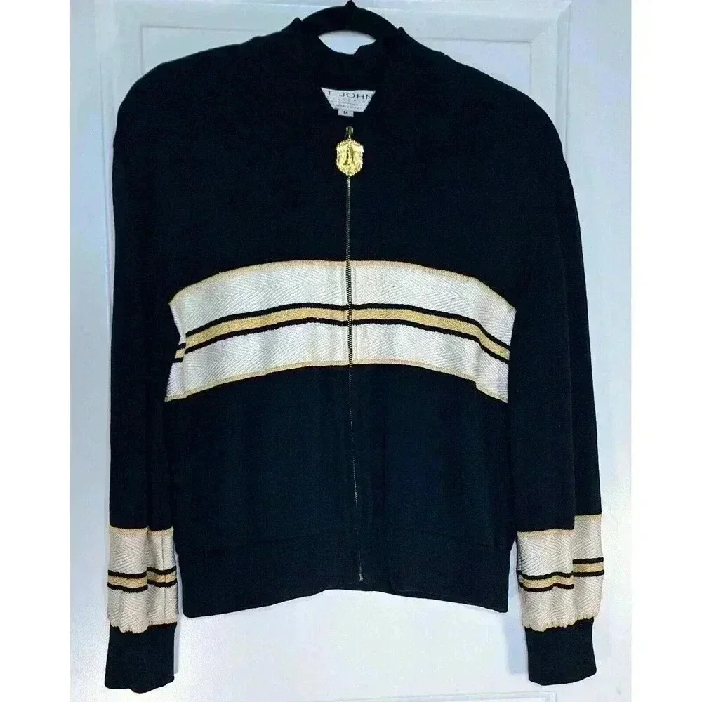 ST JOHN COLLECTION Black Gold White Stripe Zip Front Bomber Jacket Women M‎